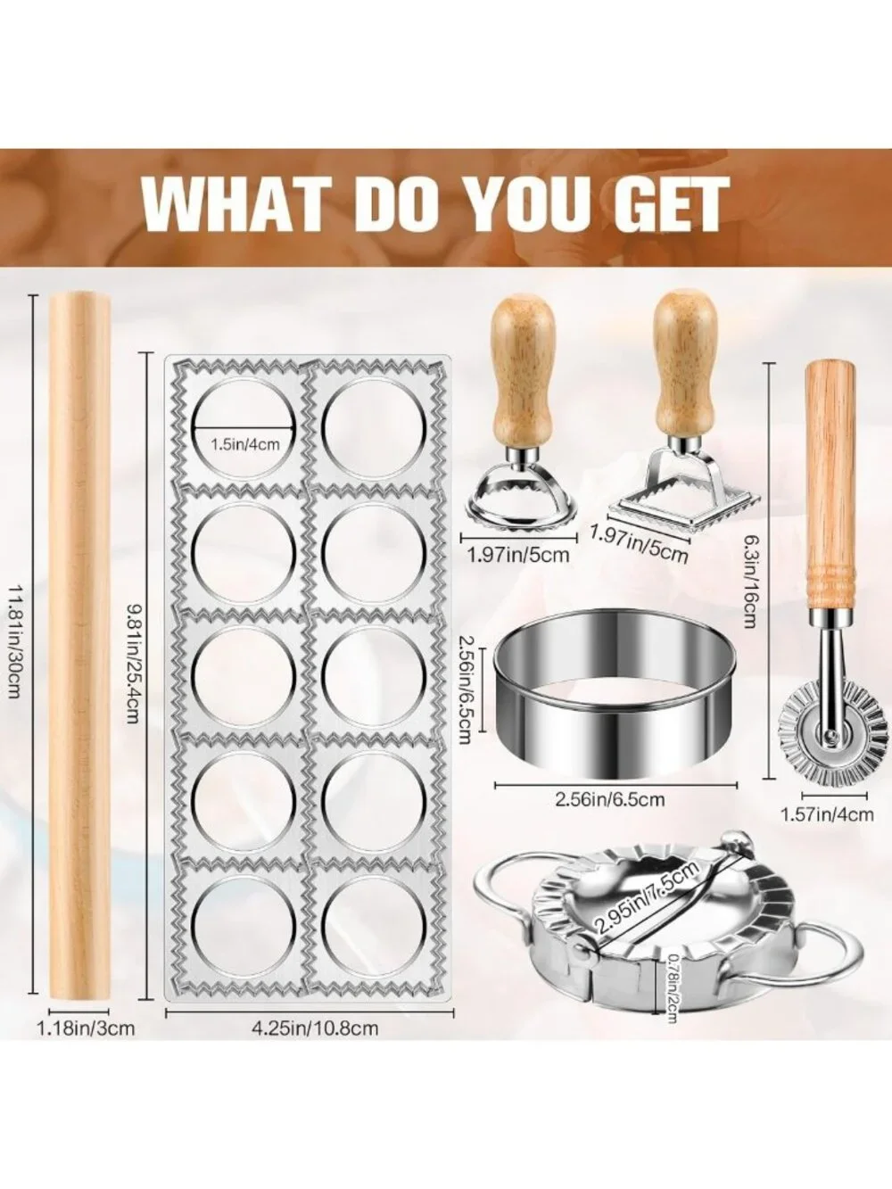 8-Piece Ravioli Maker Set with Roller Wheel & Wooden Handle - Pasta Making Kit